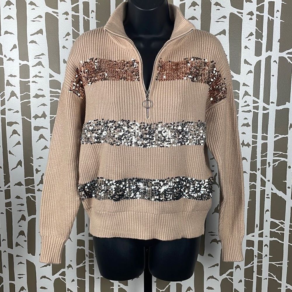 Nine West Mock Zip Neck Sequined Striped Sweater S Camel